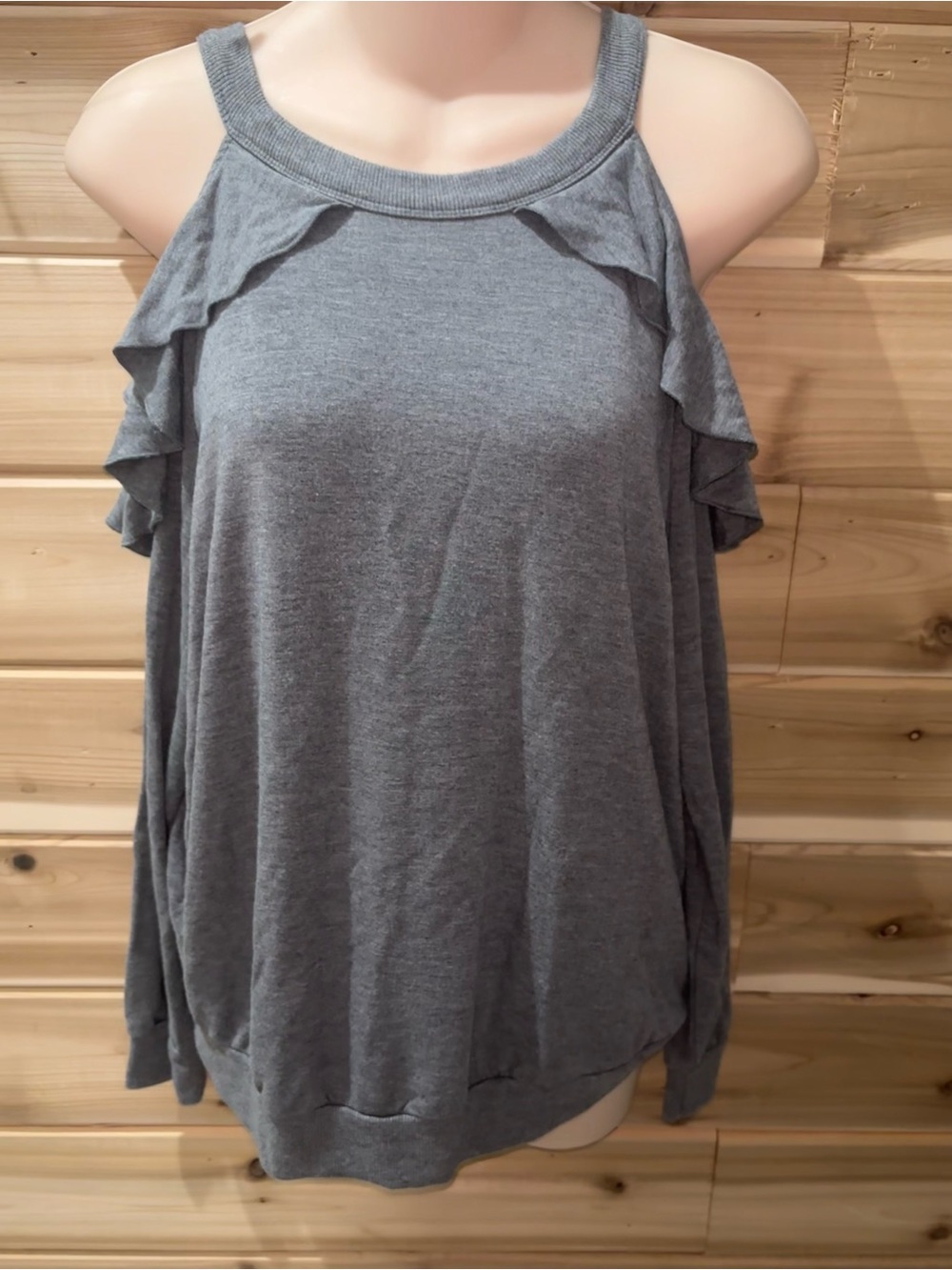 Cold-Shoulder Ruffle Knit Top in Gray
